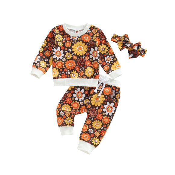 goowrom Infant Baby Girls 3 Pieces Outfit, Floral Print Round Neck Long Sleeve Sweatshirts Tops + Elastic Waist Long Pants + Headband