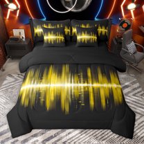 Homewish Modern Geometric Artistic 7pcs Bedding Comforter Set,Stripes Lines Queen Bedding Sets,Black Yellow Queen Sheet Sets For Girls Kids,Microfiber Bedroom Decor Reversible