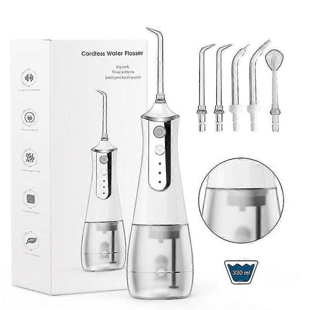 Irrigador dental inalámbrico, 300 ml, portátil, recargable por USB, con 3 modos de irrigación y 5 boquillas.