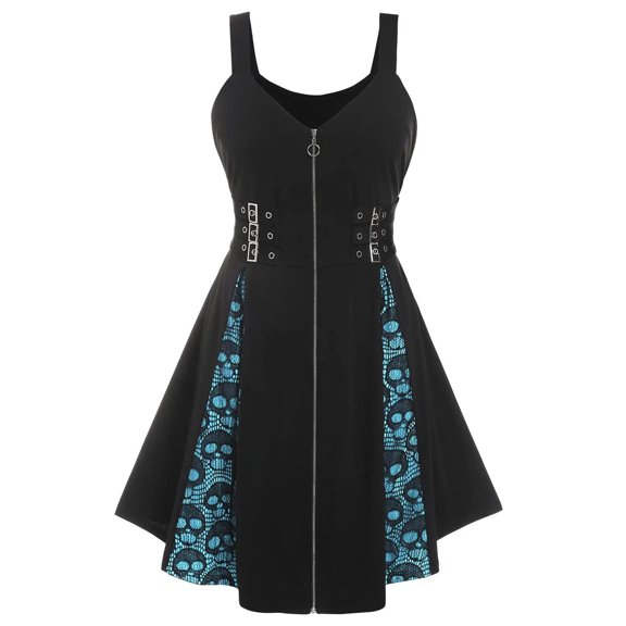 Women's Festival Dress Fashion Lace Print Skull Sexy Gothic Halter Sleeveless Dress Slip Dress Costumes TEELON
