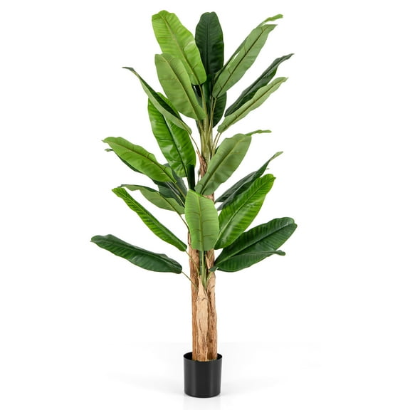 Gymax 6.5' Tall Artificial Banana Tree w/ 27 Large Leaves Triple Stalks Natural Bark