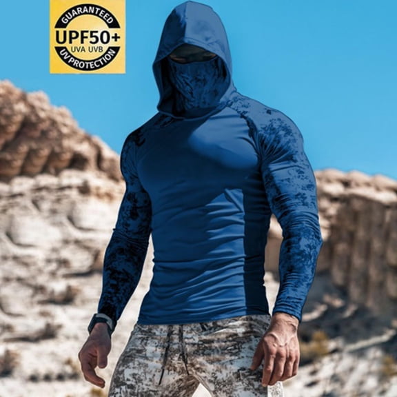 Gamivast Men's upf 50 Hoodies Sun Protection Long Sleeve Uv Shirts with Built-In Face Mask Quick Dry Fishing Hiking Activewear Breathable Cooling Workout Tops Navy XL