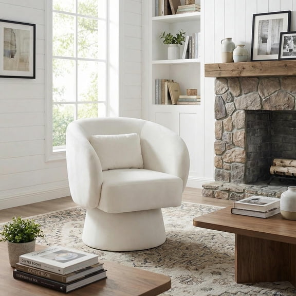 GVN Swivel Accent Chair with Upholstered Barrel Design, Curved Back and Removable Lumbar Pillow for Lounge, Office, Living Room Seat, Beige