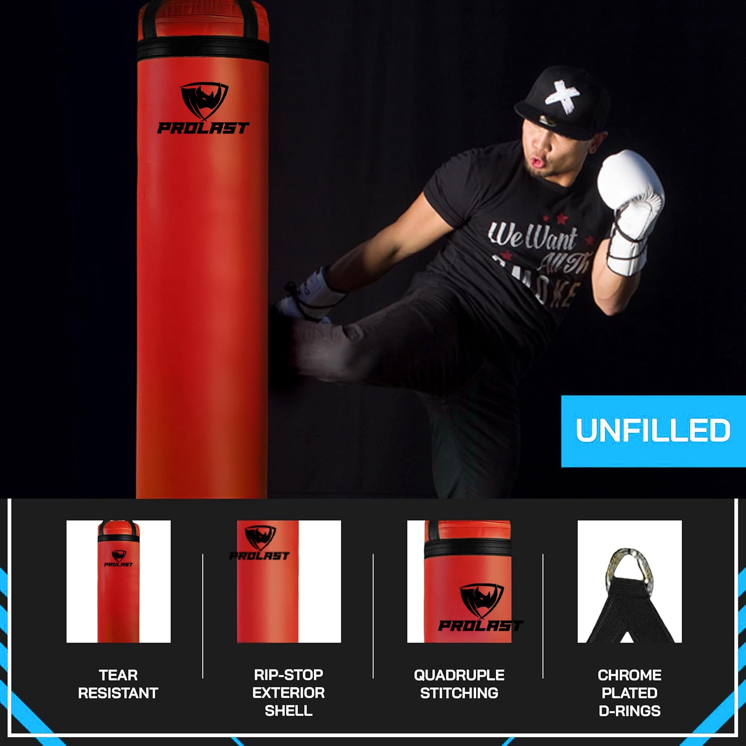 PROLAST Heavy Punching Bag 5 ft UNFILLED -Great for Boxing, MMA, Muay Thai - Unfilled with Bottom D-Ring ( Red )