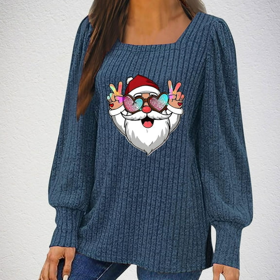 asdoklhq Christmas Tshirts Women Christmas Women's Printed Neck Hem Slit Long Sleeved Loose T-shirt Top Blue 5X