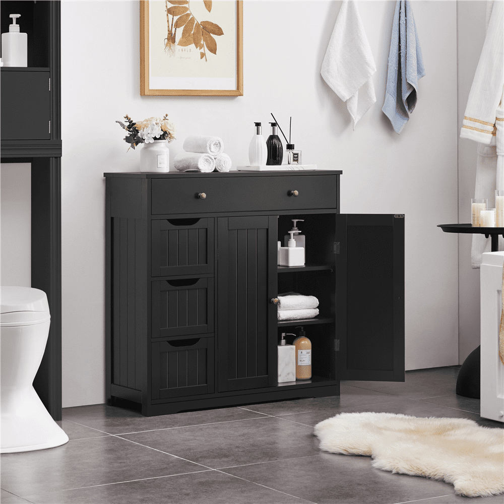 Yaheetech Modern Wooden Bathroom Storage Cabinet with Adjustable Shelf, 4 Drawers, 2 Doors, White