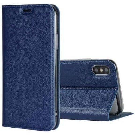 Genuine Leather Case Slim Folio Book Cover with Credit Card Slots,Kickstand Feature Stand Holder,Magnetic Closure [TPU Shockproof Interior Protective Case] for Apple iPhone Xs,Blue