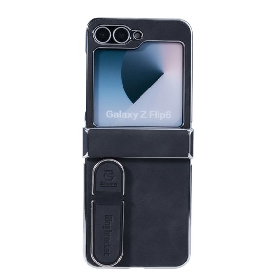 Designed for Samsung Galaxy Z Flip 6 Case, Luxury PU Leather Ring Bracket Plating Frame Shockproof Protective Slim Fit Thin Durable Phone Case Cover for Samsung Galaxy Z Flip 6 - Black