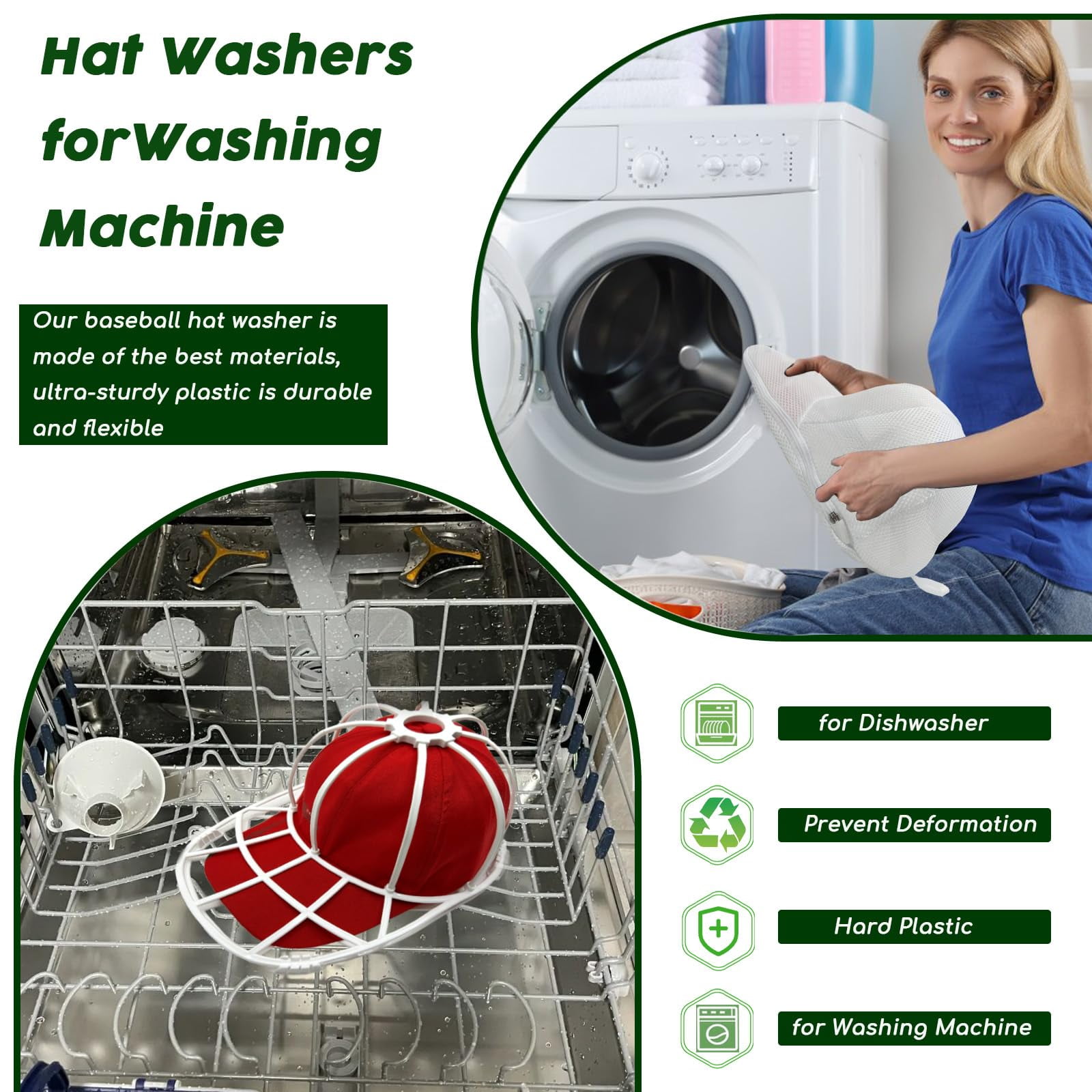2-Pack Hat Washer Cage for Washing Machine - Baseball Cap Cleaning Protector with Mesh Bags, Hat Shaper & Portable Washer for Apartments