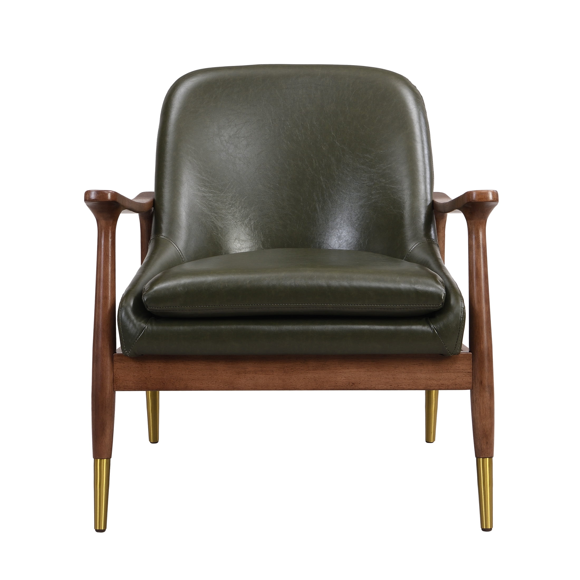 Astrid Mid-Century Modern Accent Chair With Faux Leather Upholstery, Solid Wood Frame, Brass-Tipped Legs, Wasabi Green