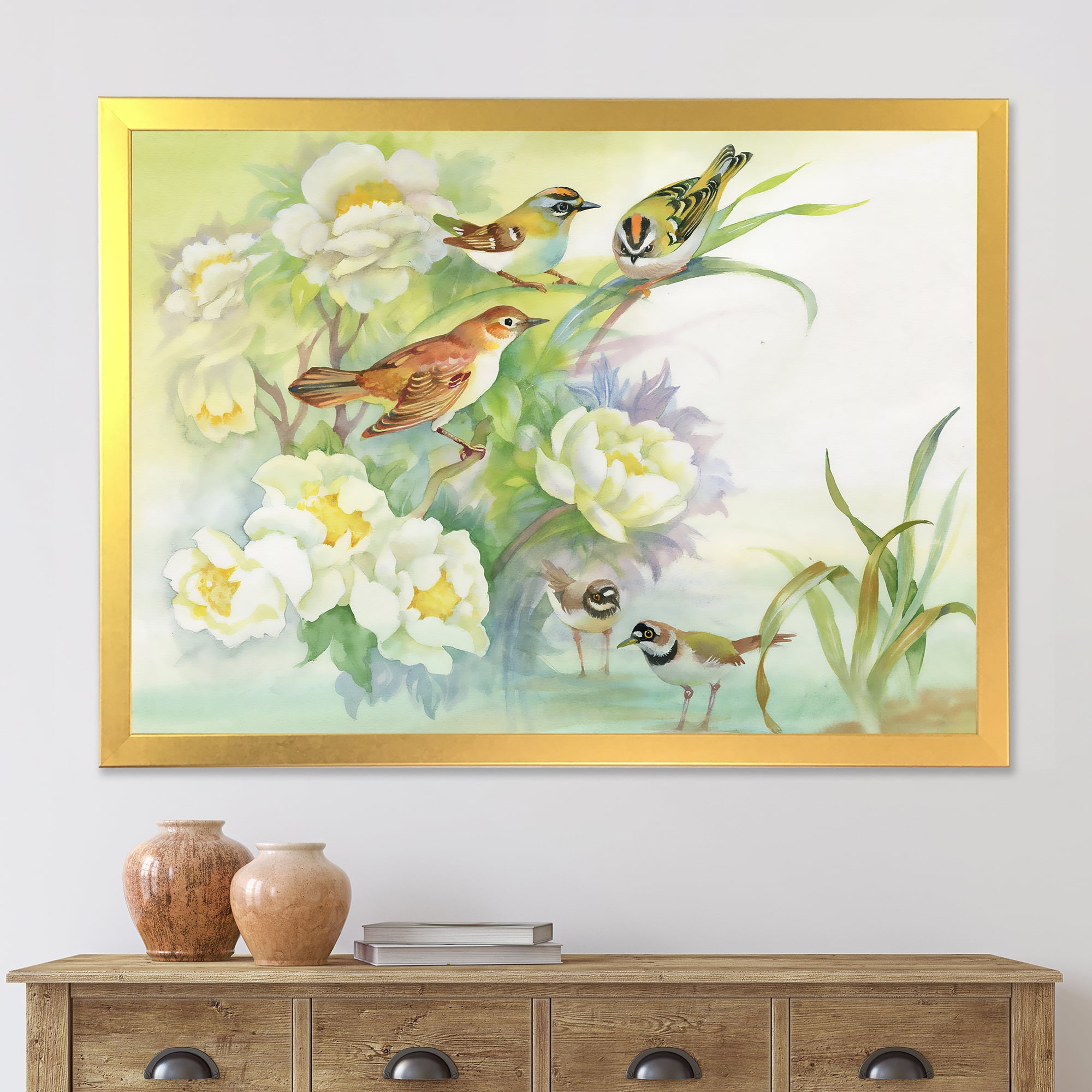 Designart 'Birds and Flowers In Rustic Scenery' Traditional Framed Art Print