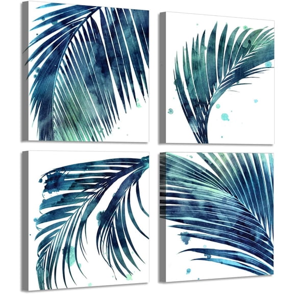 Nature Botanical Leaf Artwork Paintings: Paradise Palm Graphic Print on Canvas, 4 Piece Wall Art for Home (16" W x 16" H x 4 PCS,Multi-Sized)