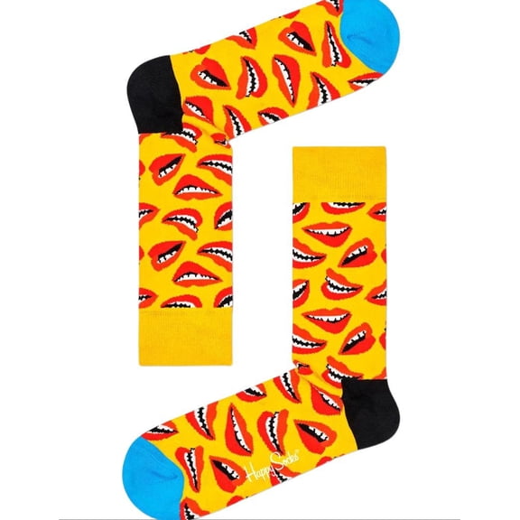 HAPPY SOCKS Women's Lips Combed Cotton Socks, Yellow, 5.5-9.5