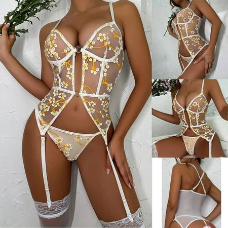

QWERTYU Womens Babydoll Teddy Bra and Panty Sets Bralette Tummy Control Lingerie Lace Sexy Lingerie Set with Garter White XL