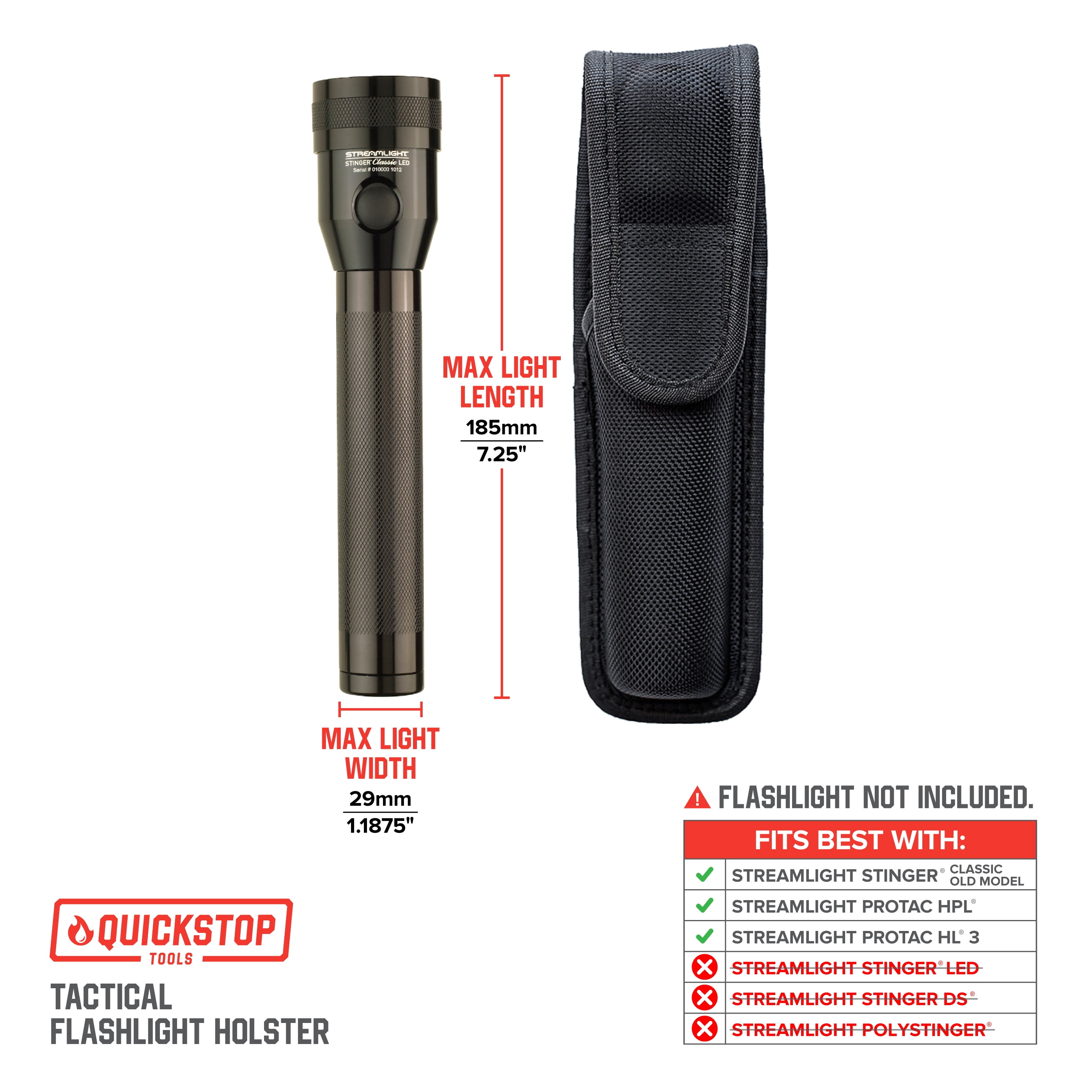 QUICKSTOP Tactical Flashlight Holster For Streamlight (Classic Old Model) Flashlights & Similar, Heavy-duty Nylon Flashlight Holder Fits 2-1/4 Inch