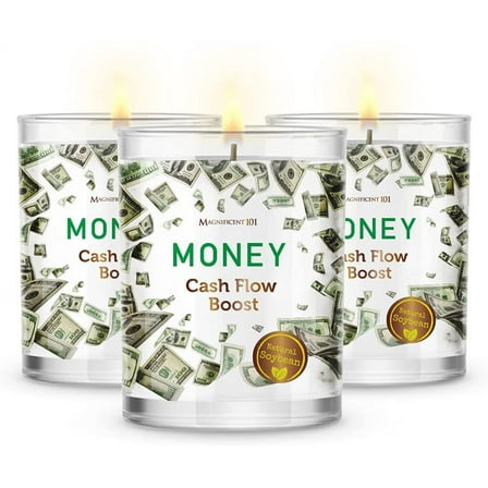 Magnificent 101 Set of 3 Long-Lasting Money Cash Flow Smudge Candles | 10.5 Oz - 42-Hour Burn| Made of Soy Wax, Sage Herbs | Ideal for House Energy Cleansing & Manifestation