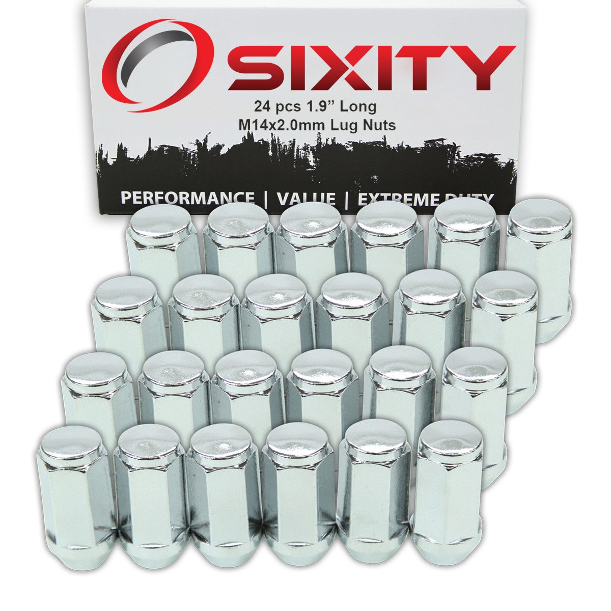 24 pc Sixity Chrome Bulge Acorn Wheel Lug Nuts M14x2.0mm 1.9" Long Capped