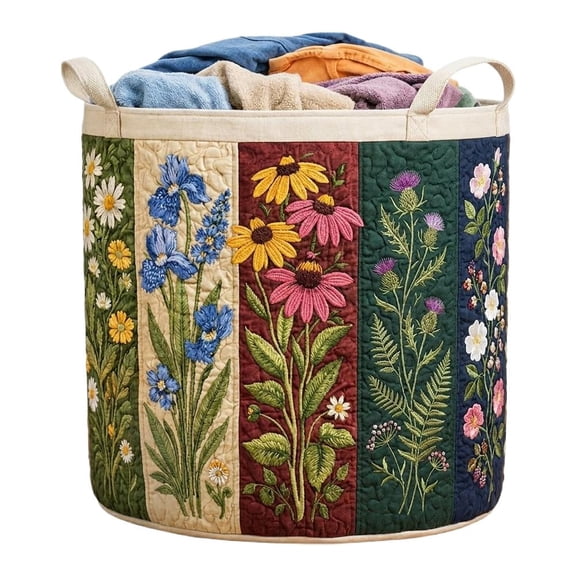Large Quilted Laundry Basket, Boho Floral Fabric Storage Hamper for Nursery, Bedroom, Clothes & Toys