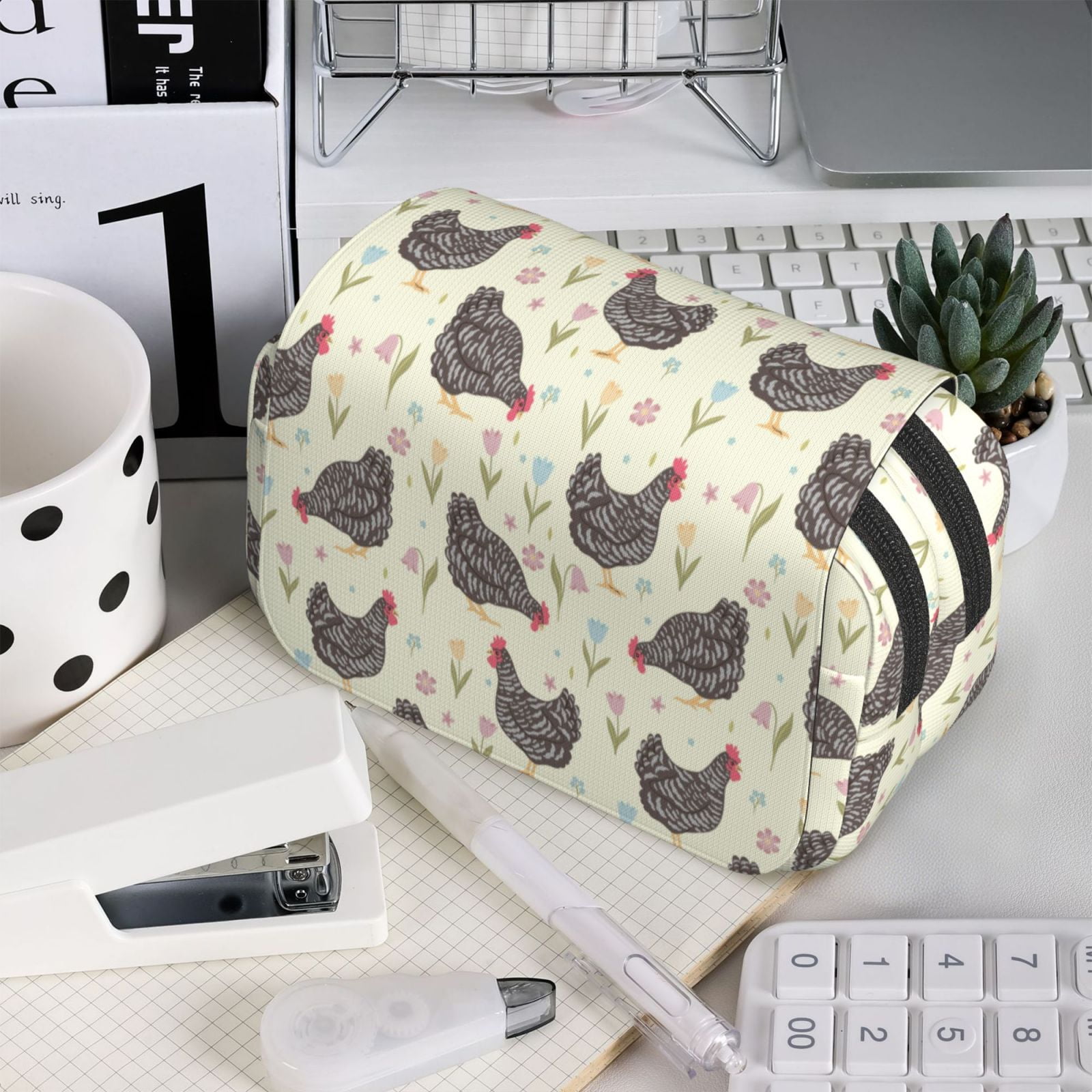 Rateoe Funny Chicken Pattern Double Clamshell Pen Case, Storage Organizer with Two Zipper Compartments– Holds Up to 50 Pencils & Pens