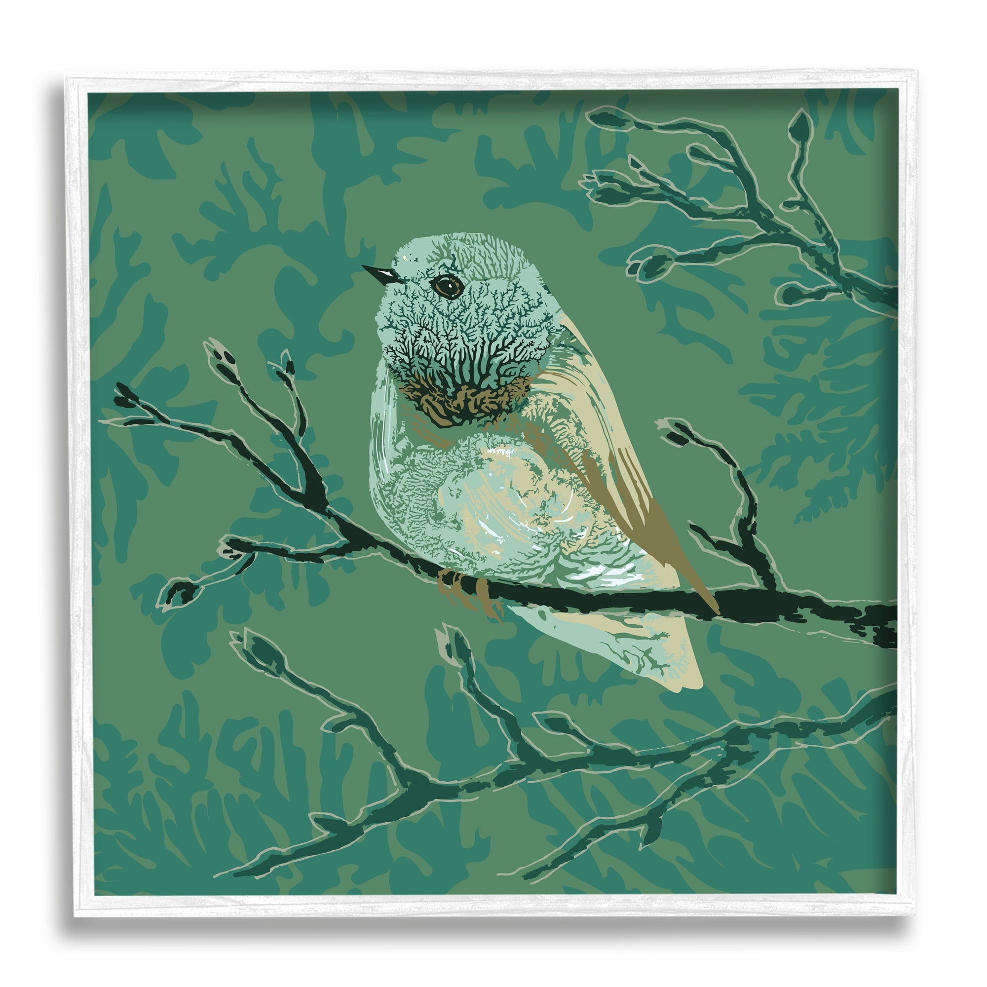 Stupell Industries Green Bird Perched Abstract Botanical Sprigs Detail Graphic Art White Framed Art Print Wall Art, Design by Verbrugge Watercolor