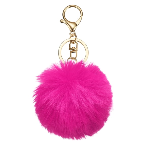 Uxcell Pom Pom Keychain, 8cm Faux Rabbit Fur Fluffy Pompoms Keyring, Soft Cute Plush Fluffy Ball Keychains for Women Purse Handbag Bag Pendant DIY Crafts, Rose Red/Light Gold