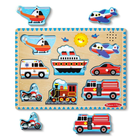 Melissa & Doug Vehicles Sound Puzzle - Wooden Peg Puzzle With Light-Activated Sound Effects (8 pcs)