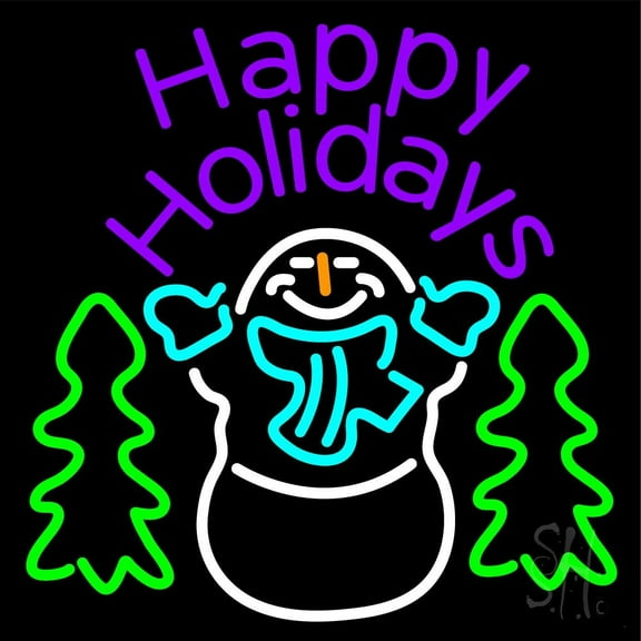 Purple Happy Holidays Snow Man LED Neon Sign 16 x 16 - inches, Clear Edge Cut Acrylic Backing, with Dimmer - Bright and Premium built indoor LED Neon Sign for special occasion decor.