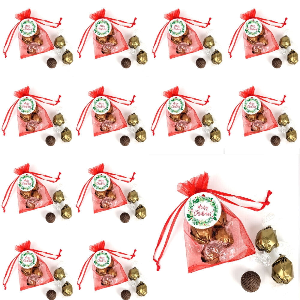 24 Pack Merry Christmas Red Organza Bag Favor Filled With Milk Chocolate Dubai Truffles For Gifting, Holiday Favors, Party Giveaways & More - Wreath