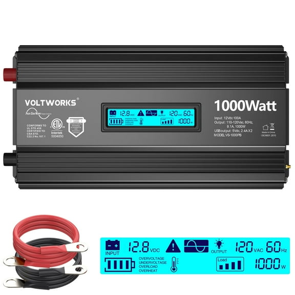 VOLTWORKS Power Inverter 1000 Watts Pure Sine Wave Inverter DC 12v to AC 110V-120V with LCD & 2.4A Dual USB