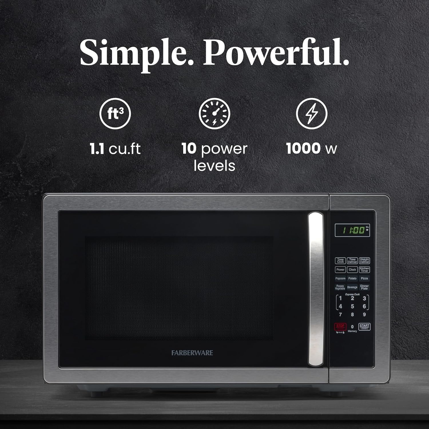 Farberware 1.1 cu ft Microwave Oven, 1000W Countertop Microwave Oven with LED Display, Stainless Steel