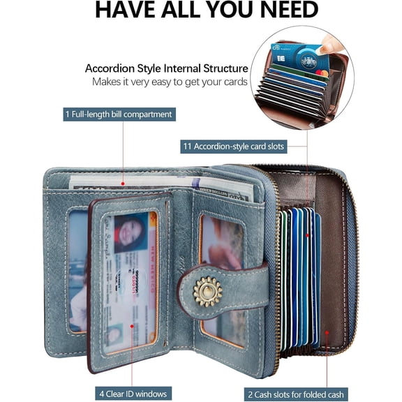 JINYUN-Small Womens Wallet Leather RFID Blocking Bifold Compact Card Holder Ladies Zipper Accordion Pocket with ID Window Blue