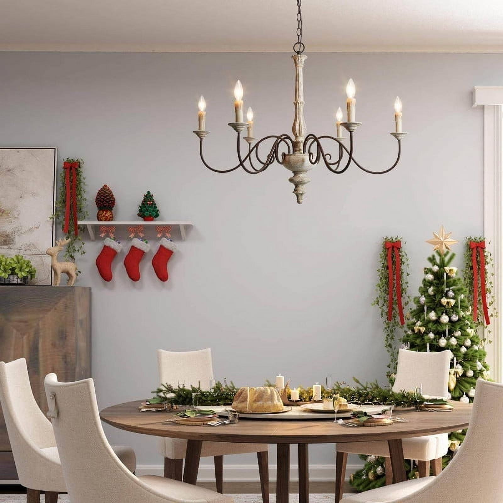 LNC 6-Light Bronze French Country Wood Chandelier Lighting Fixtures for Dining Room, Off-White