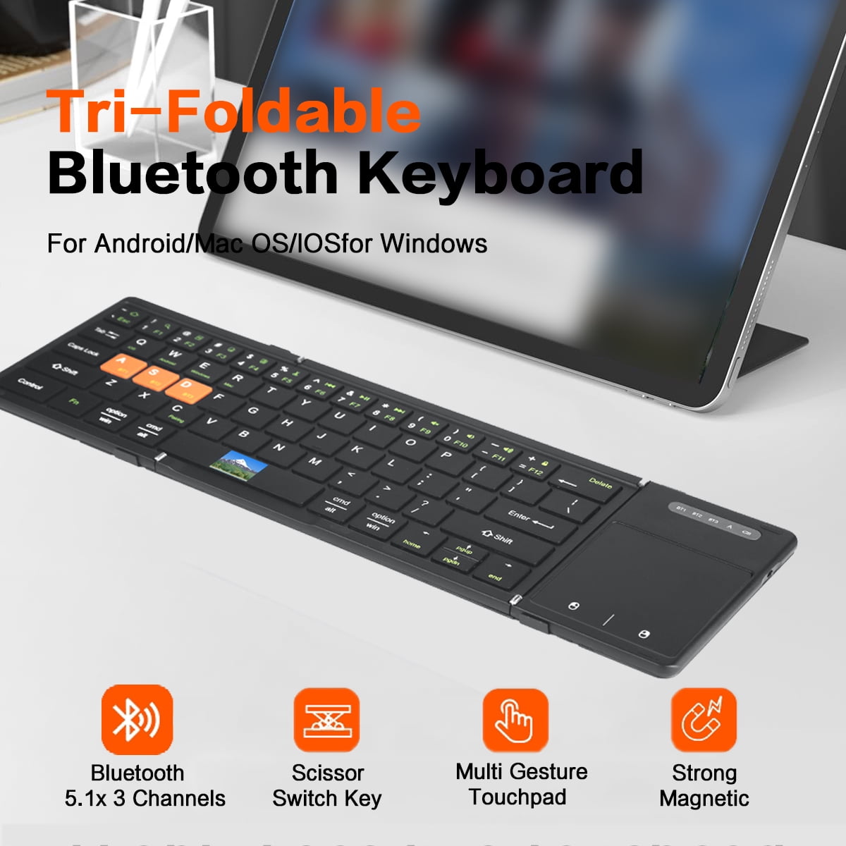 Jomaa Bluetooth Foldable Keyboard with Touchpad Left Right Keys Rechargable Wireless Keyboard for Windows Mac OS Laptop Tablets