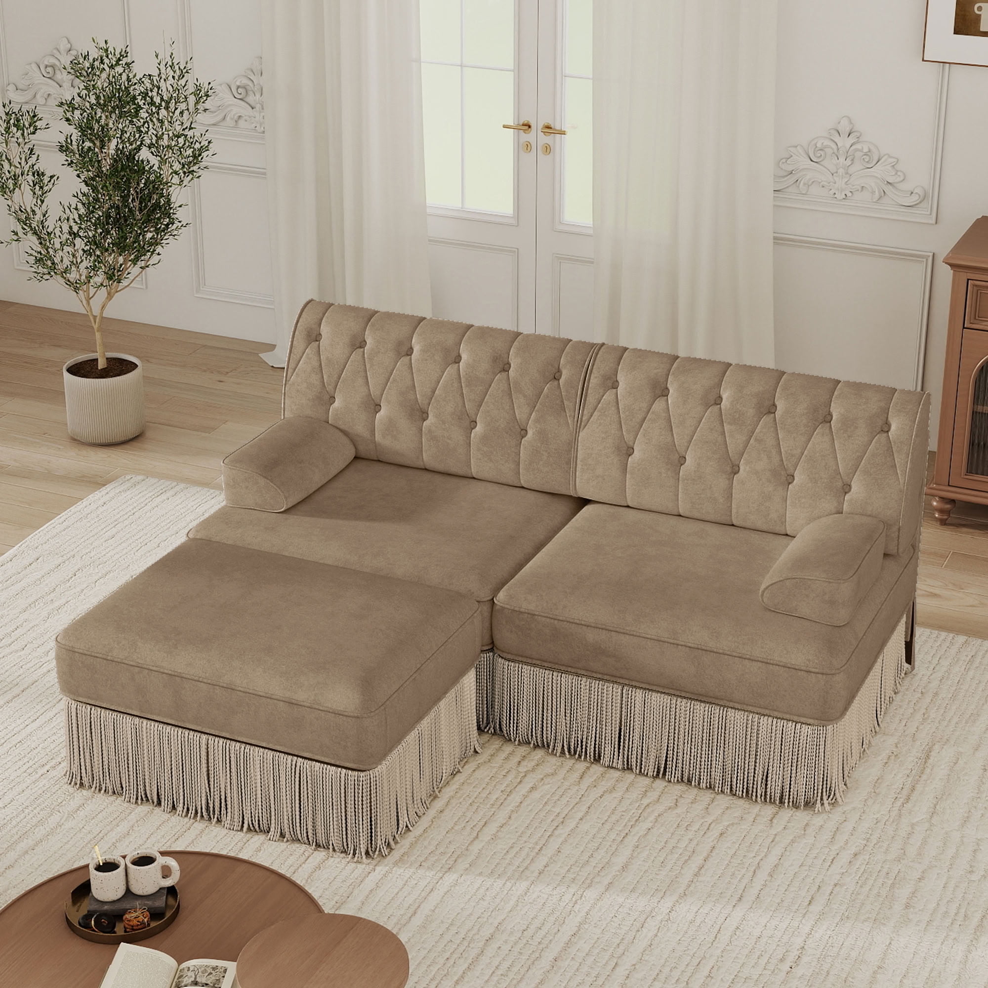 MAYEERTY L-Shaped Chesterfield Sofa, Modular Couch with Tassel & Ottoman, Solid Wood Base for Living Room Bedroom