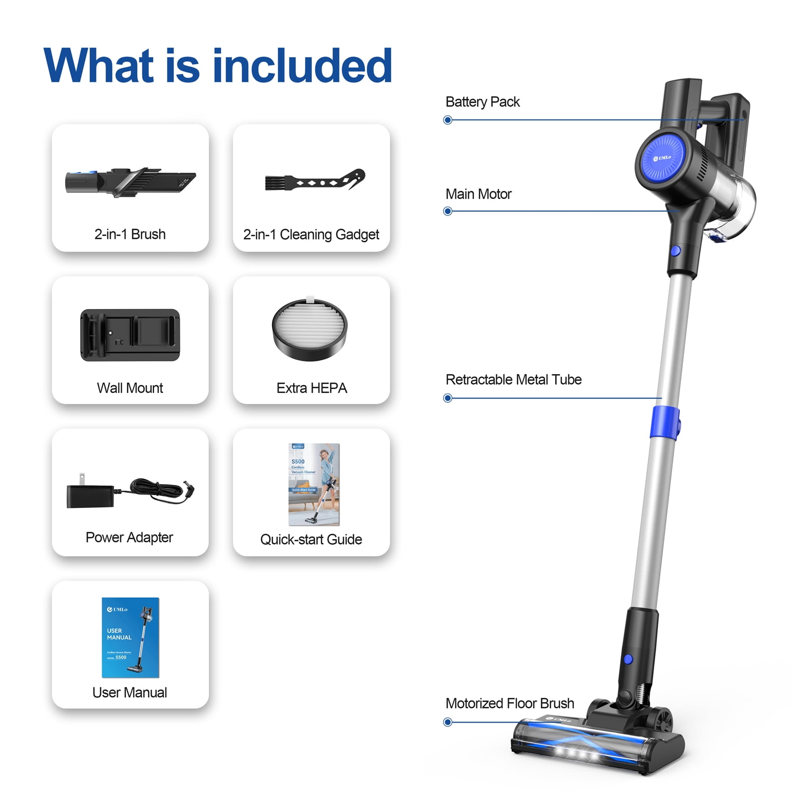 UMLo Cordless Vacuum Cleaner, 38000Pa/400W 50min 6-in-1 Lightweight Stick Vacuum Cleaners for Home Pet Hair Car Hardwood Floor Carpets, S500 Blue