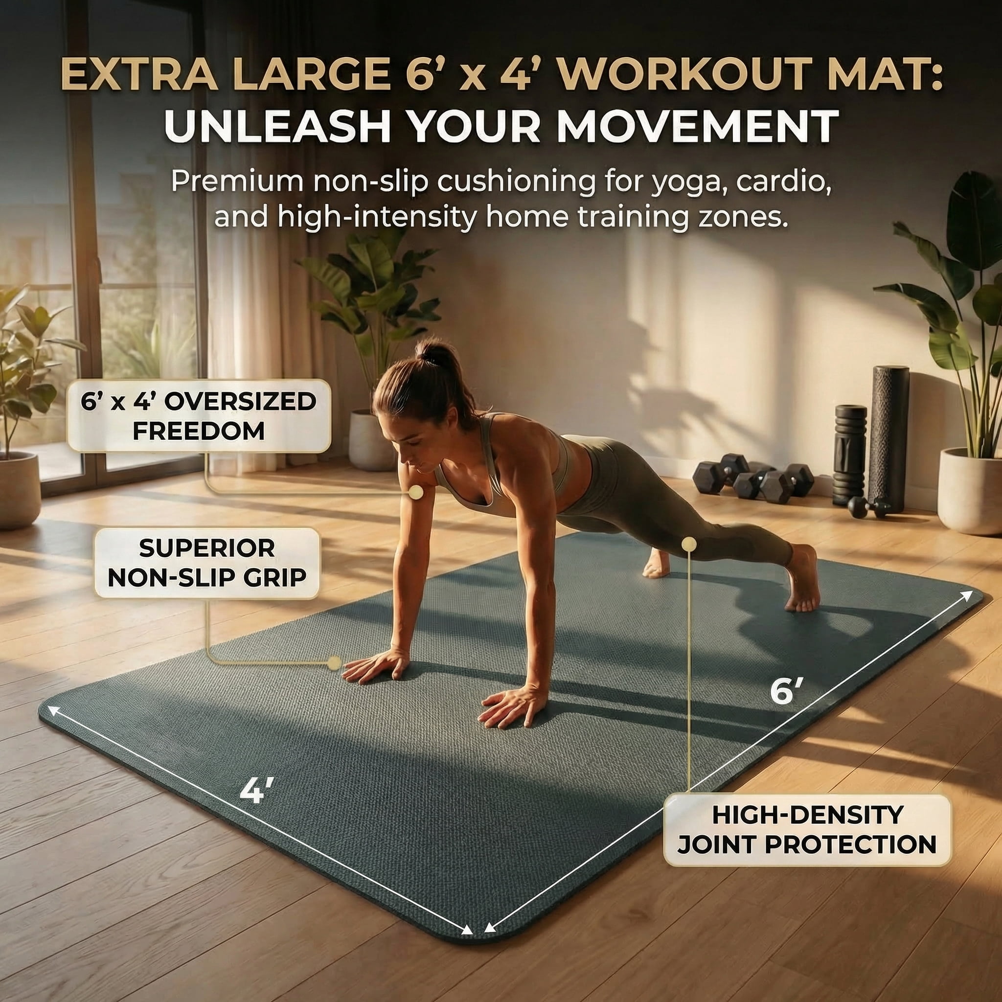 FrenzyBird Large Yoga Mat, 6'x4'(72"x48") 183x122cm, 6mm thick TPE non-slip extra wide exercise mat. Ideal for home yoga, Pilates, gym & floor workouts, suitable for women and men (Dark Green)
