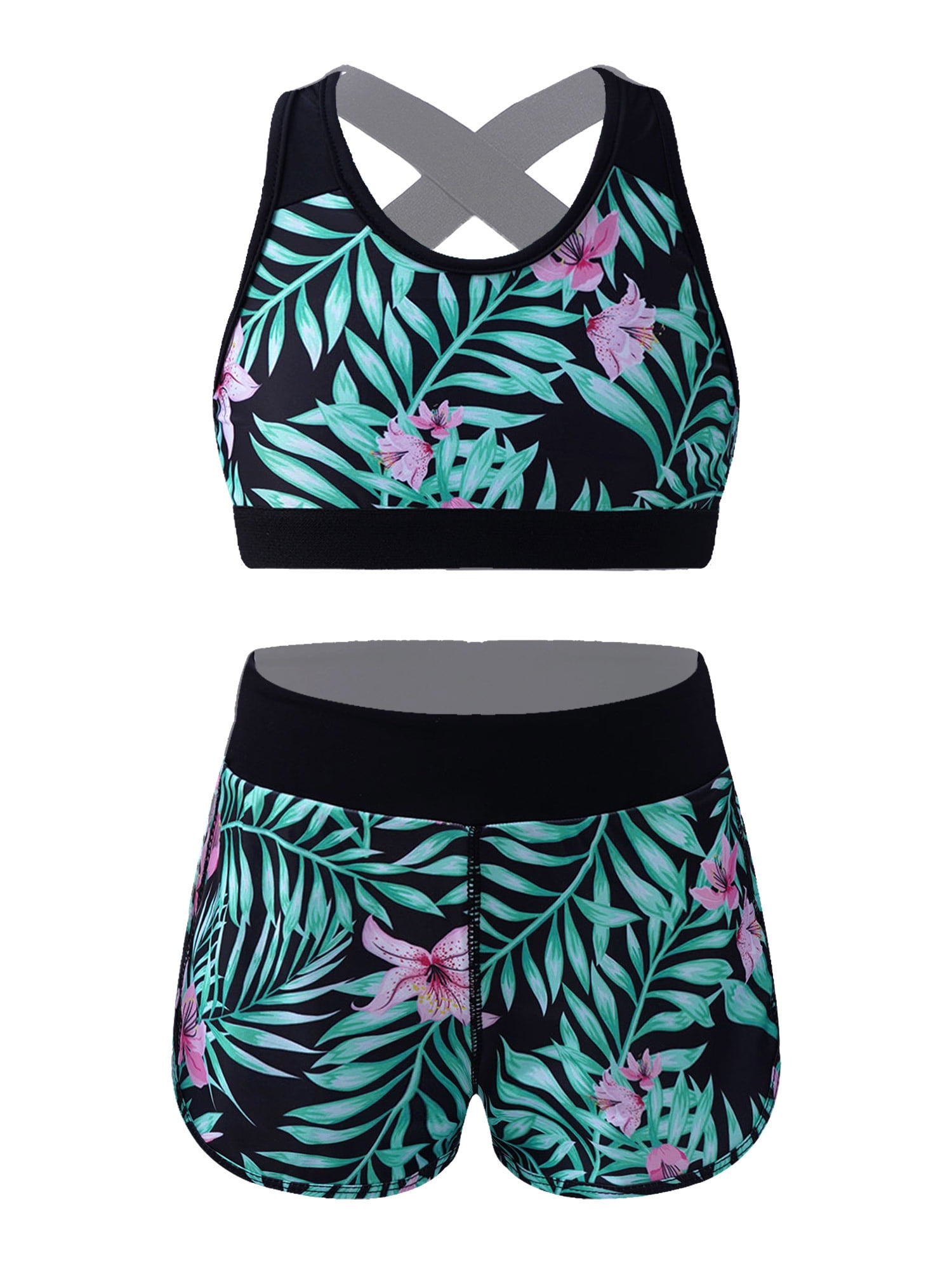 iiniim Girls Kids 2 Piece Dance Outfit Racer Back Crop Tops with Shorts