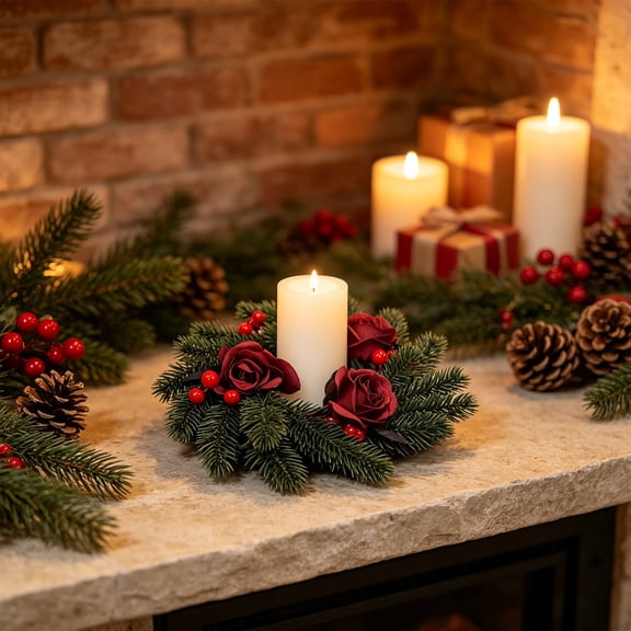 Artificial Christmas Candle Ring Wreath, Mini Candle Holder Garland for 3-4 Inch Pillar Candles, Holiday Table Centerpiece Decor for Mantel Home