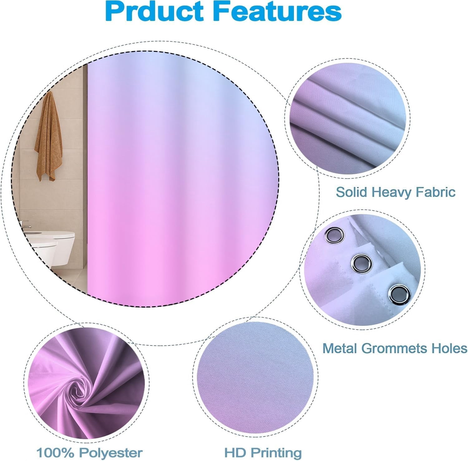 Ombre Blue Purple Shower Curtain Set with Hooks Modern Gradient Pink Shower Curtains for Bathroom Hotel Dorm Solid Boho Waterproof Fabric Shower Curtain 84x72inches