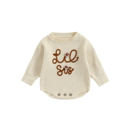 

Eyicmarn Baby Girl Fall Romper Long Sleeve Letter Embroidery Round Neck Knit Bodysuit Newborn Sweater