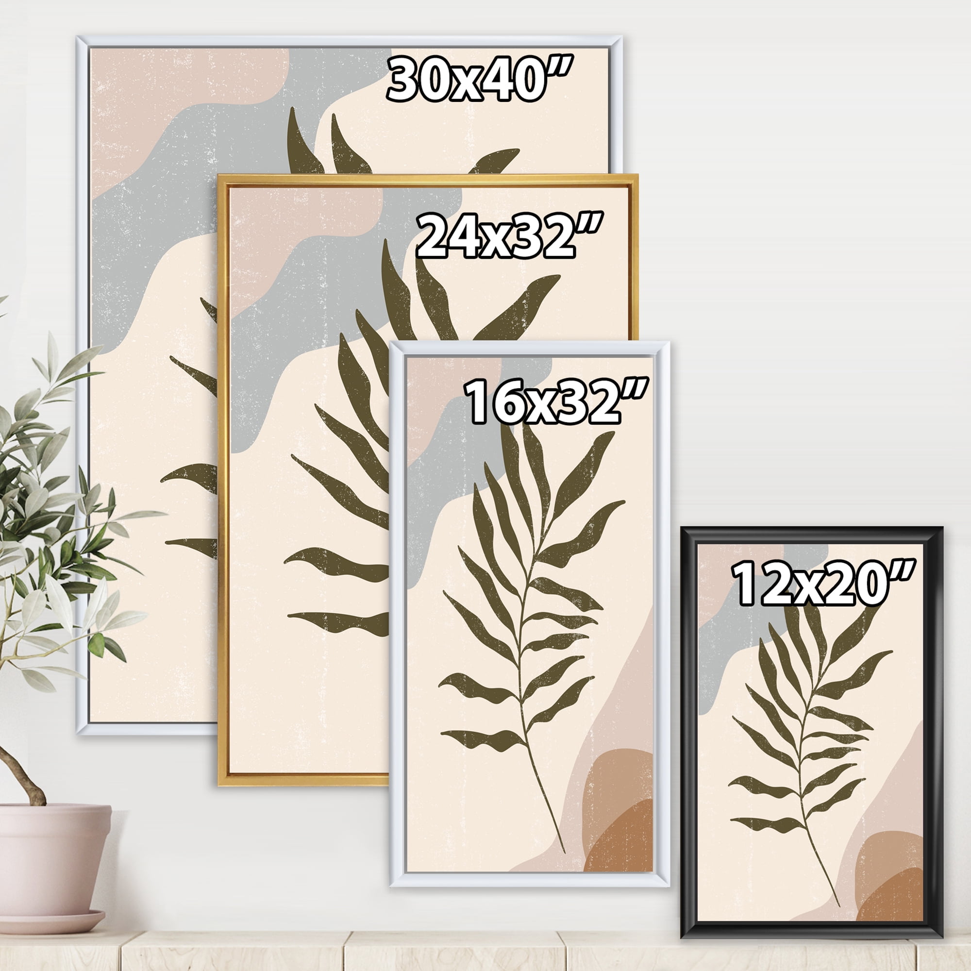 Designart 'Abstract Botanical Minimalist Leaf In Earth Tones I' Modern Framed Canvas Wall Art Print