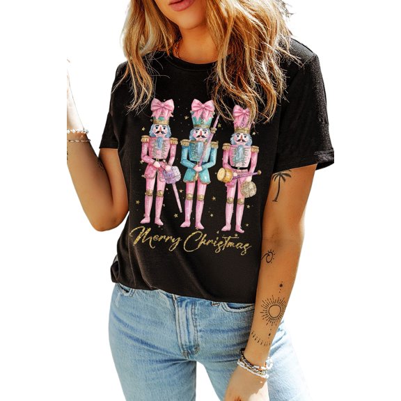 Women's Black Nutcracker Merry Christmas Printed Crewneck T-Shirt | [ZhiHiMeRi] | (US 20-22)2XL