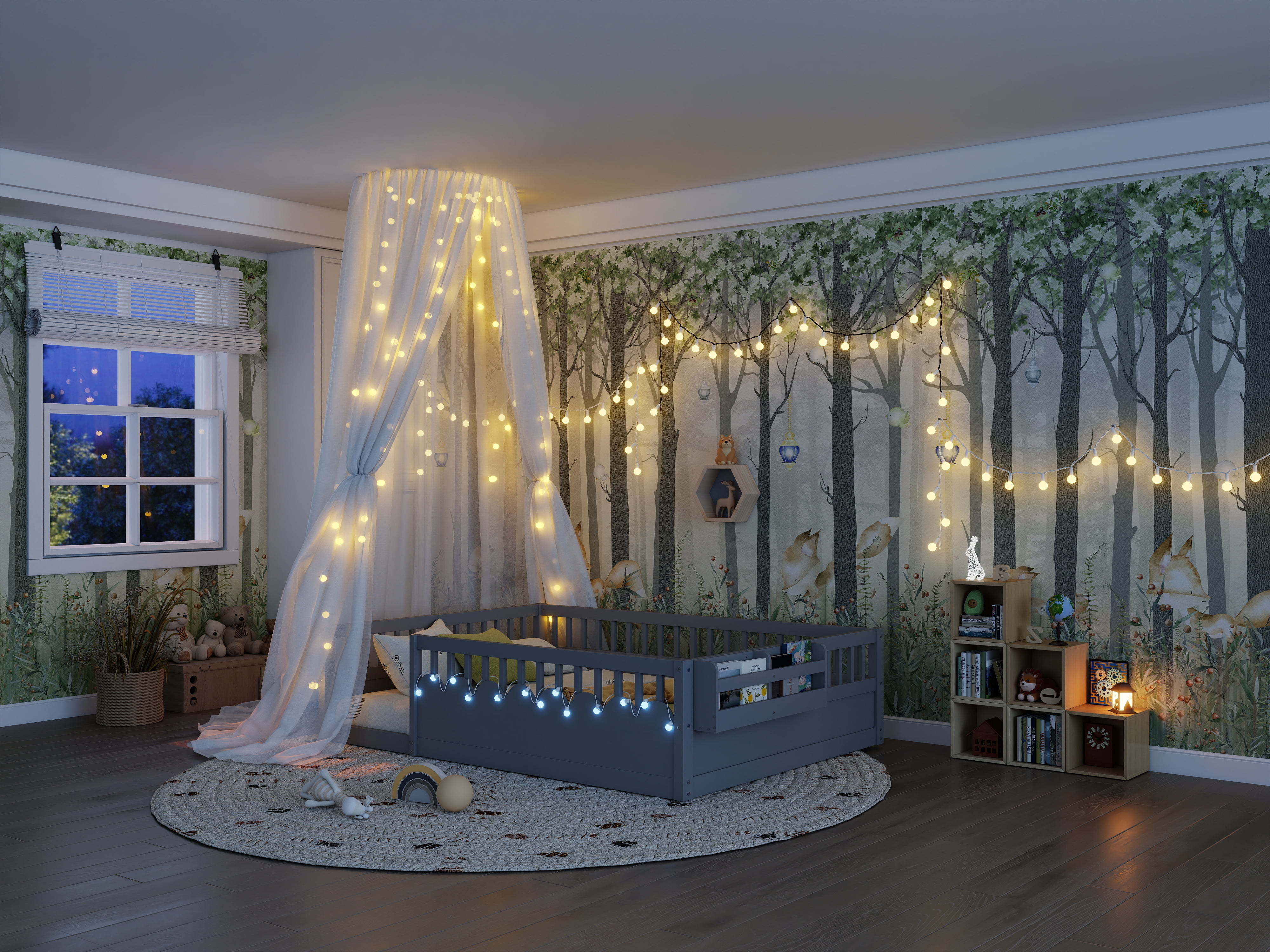 Montessori Floor Bed with High Rails, LED Lights & Storage Shelf, Safe & Wider Opening Gate Design, Full Size Floor Bed for Boys & Girls, Gray