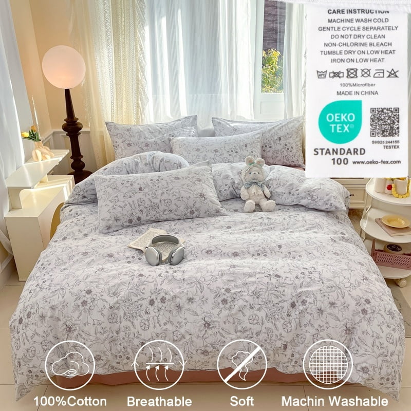JOLUSERE 100% Organic Cotton Duvet Cover Sets King Size, 3 Pieces Soft Mist White Floral Soft Chic Artistic Bedding Sets