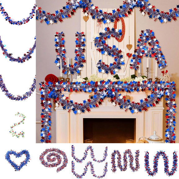 CuiLiyq 3 Pack 6.56 Ft Patriotic 4th of July Tinsel Garland, Red White Blue Hanging Garland, Independence Day Fireplace Mantel Wreath Decor for Staircase Railing Indoor Outdoor Ornaments