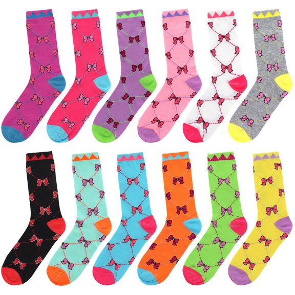 12 Pairs Bowknot Women's Crew Socks Fancy Novelty Designed Size 9-11 Multicolor Assorted