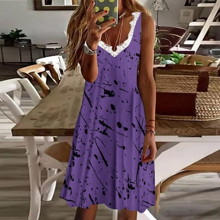 

Giligiliso Clearance Summer Dresses For Women 2023 Fashion Women Casual Sexy V-Neck Printing Summer Lace Sleeveless Mini Dress