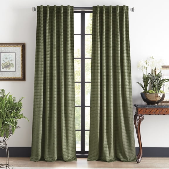 Martha Stewart Wave Embossed Velvet Curtain Panel Pair, Olive, Pole Top/Back Tab, Room Darkening, Indoor, Adult, 2 Piece Set, 37" x 84"