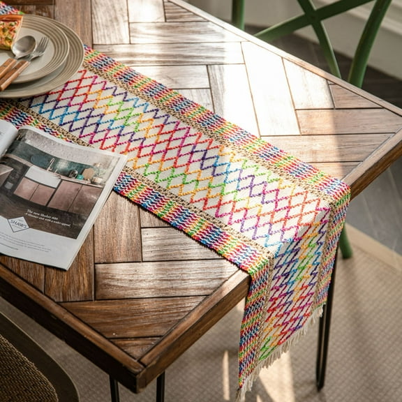 Rainbow Diamond Pattern Table Runner, Cotton Woven, 13 x 72 inches, Decorative Dining Table Runner with Fringe