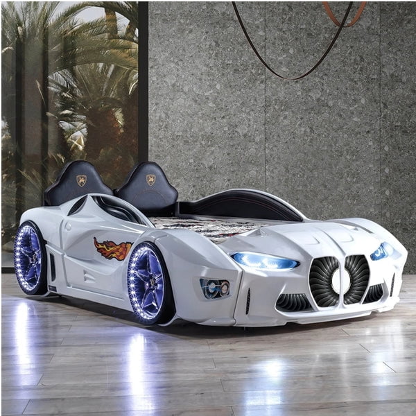 GTM Twin Race Car Bed for Kids with LED Headlights, Sound FX, Remote Control and Realistic Design, Sturdy and Fun Sleep Solution
